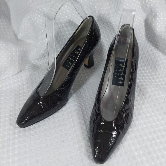 AMALFI! BROWN CROCODILE IMPRINT PATENT LEATHER NIP TOE HEELS, PUMPS! SZ 7AA - Picture 3 of 10